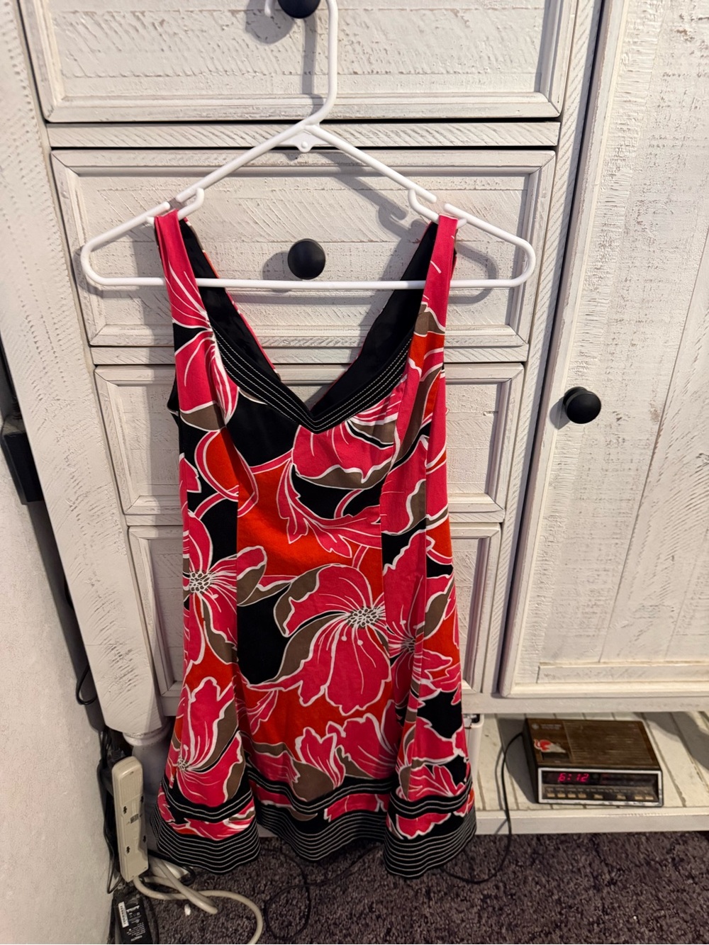 Nine West Red Pink Floral Midi Dress with Black Accents